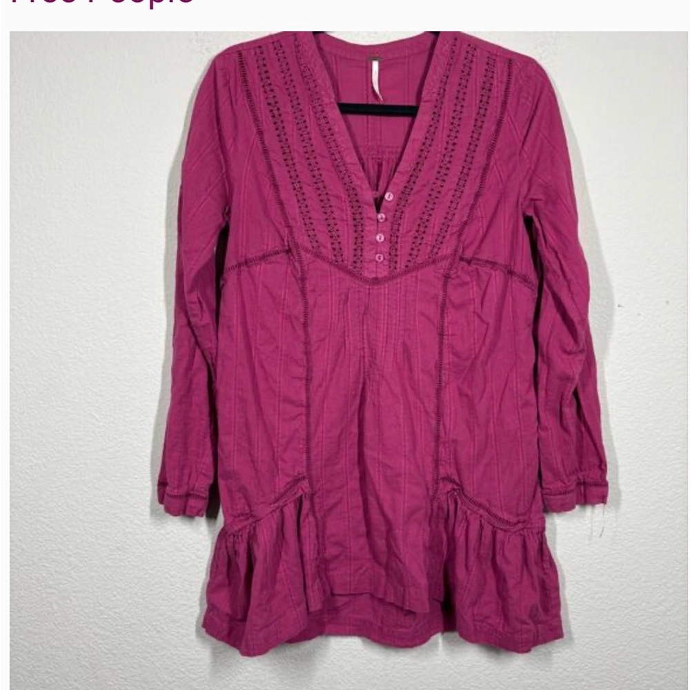 Free People Cotton Ruffle Eyelet Mini Dress Tunic Magenta XS